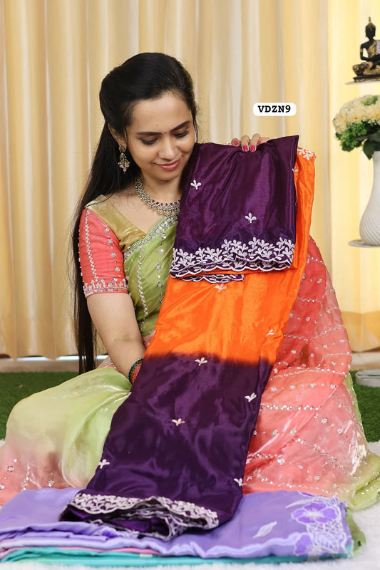 double shade Chinnon silk saree with embroidery blouse.🥳