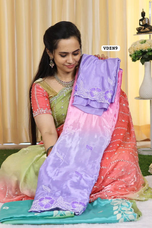 double shade Chinnon silk saree with embroidery blouse.🥳