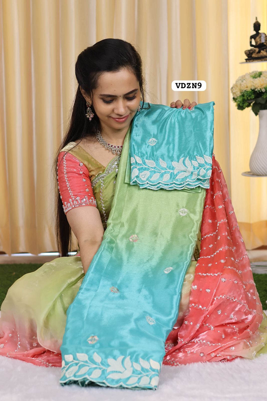 double shade Chinnon silk saree with embroidery blouse.🥳