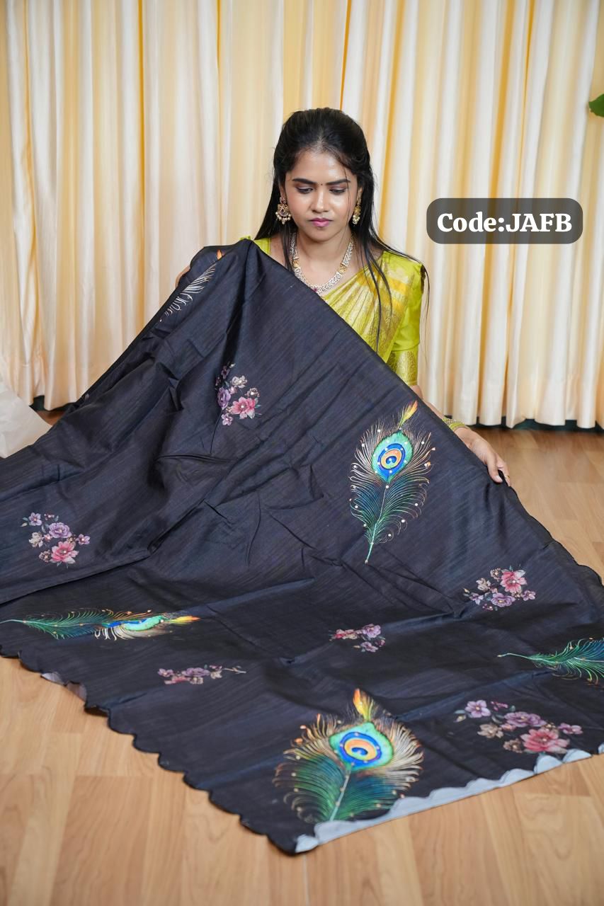 Handloom tussar silk with peacock feather digital print 🥳