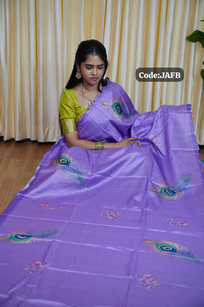 Handloom tussar silk with peacock feather digital print 🥳