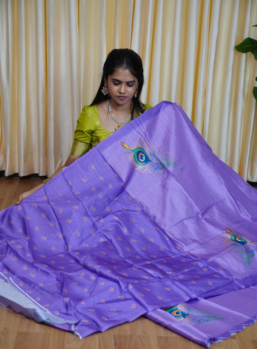 Handloom tussar silk with peacock feather digital print 🥳