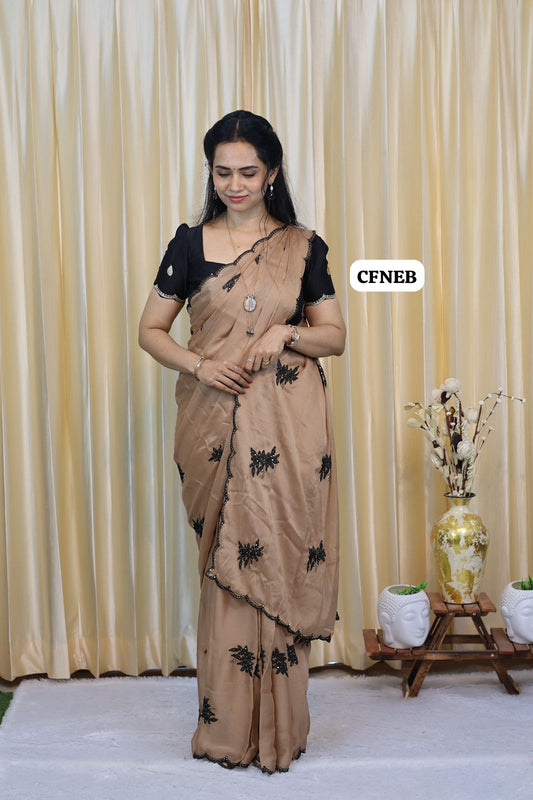 Soft beige color crepe silk saree with embroidery and chumkey work with sequence and scallop detailing🥳