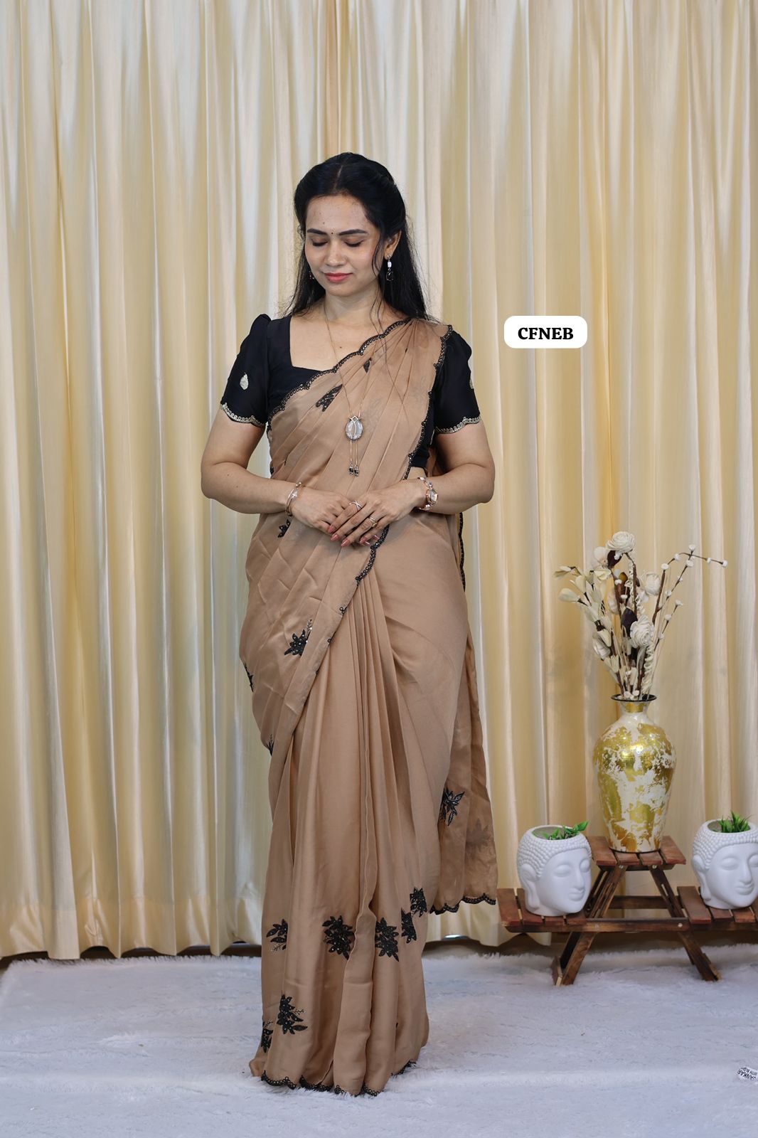 Soft beige color crepe silk saree with embroidery and chumkey work with sequence and scallop detailing😍😎⛳️