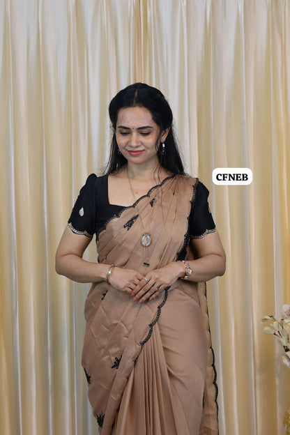 Soft beige color crepe silk saree with embroidery and chumkey work with sequence and scallop detailing😍😎⛳️
