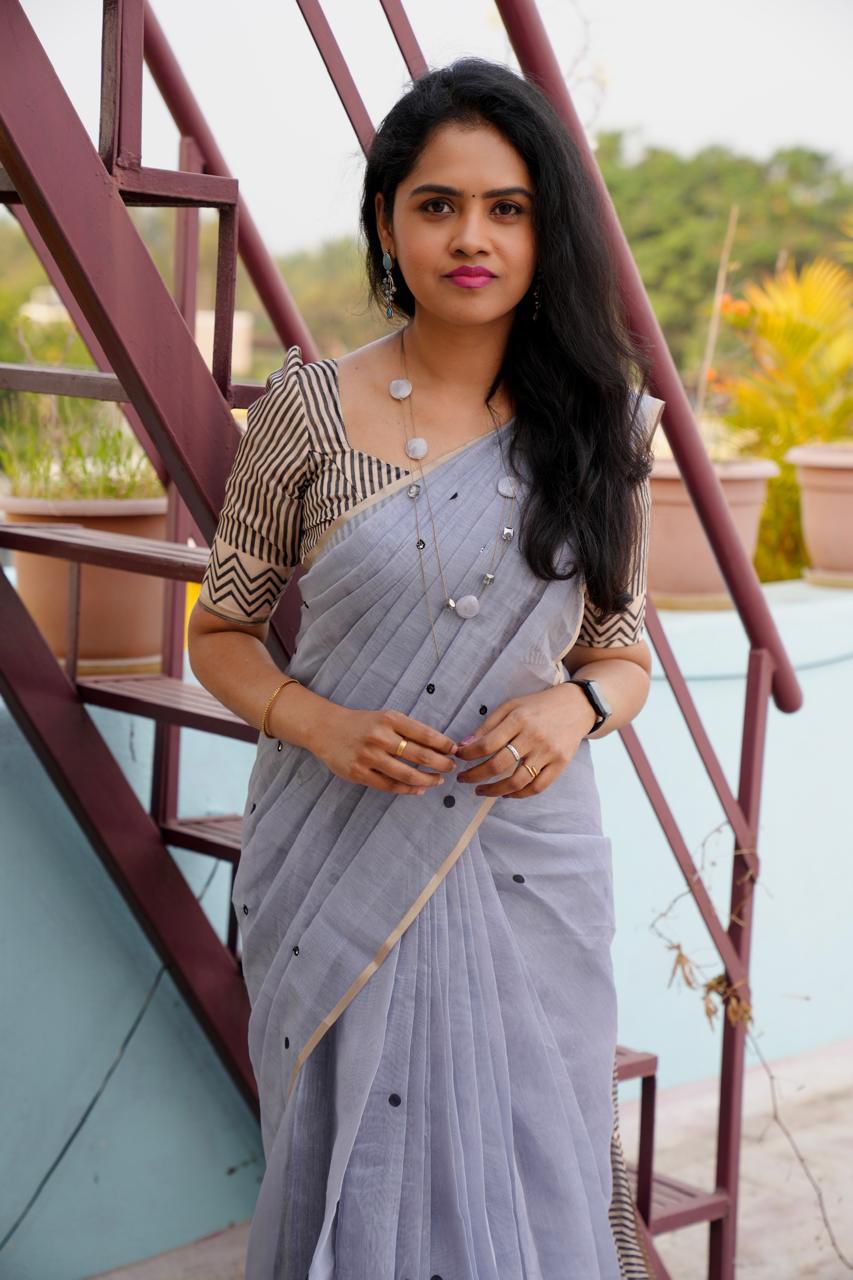 linen chanderi saree with mirro work Same blouse as in pic
