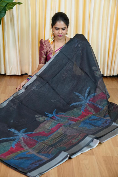 Linen sarees with digital prints 🥰😎