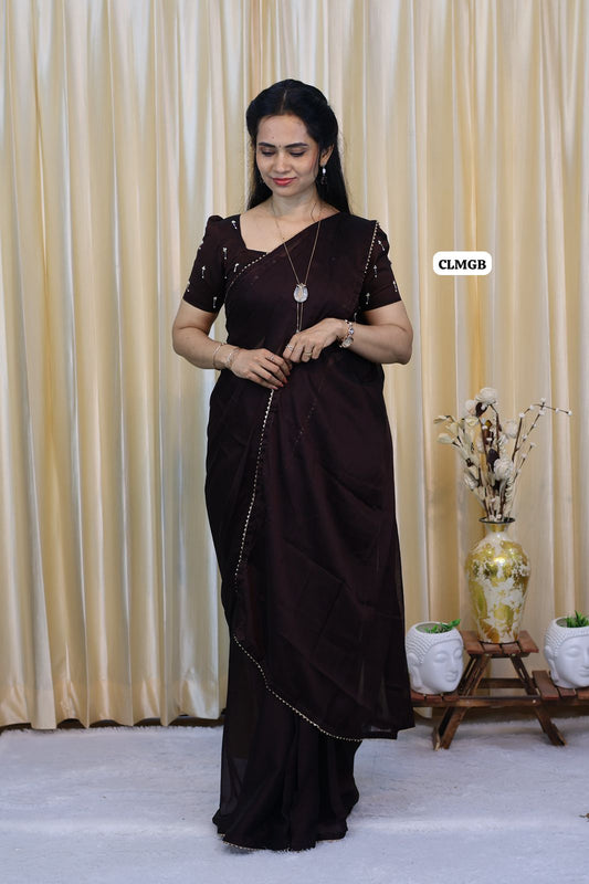 Soft silk georgette saree with fancy lace work border and maggam work blouse unstitched
Most trending Chocolate brown color😍😎