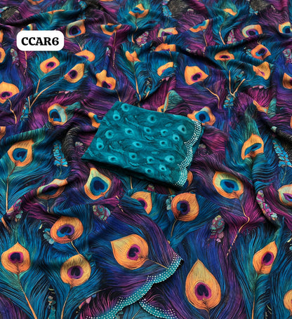 Fabric details - Soft & Smooth Weightless Chiffon Peacock Feathers Digital Print With Siroski Work Border 
Blouse - Printed Blouse🥳