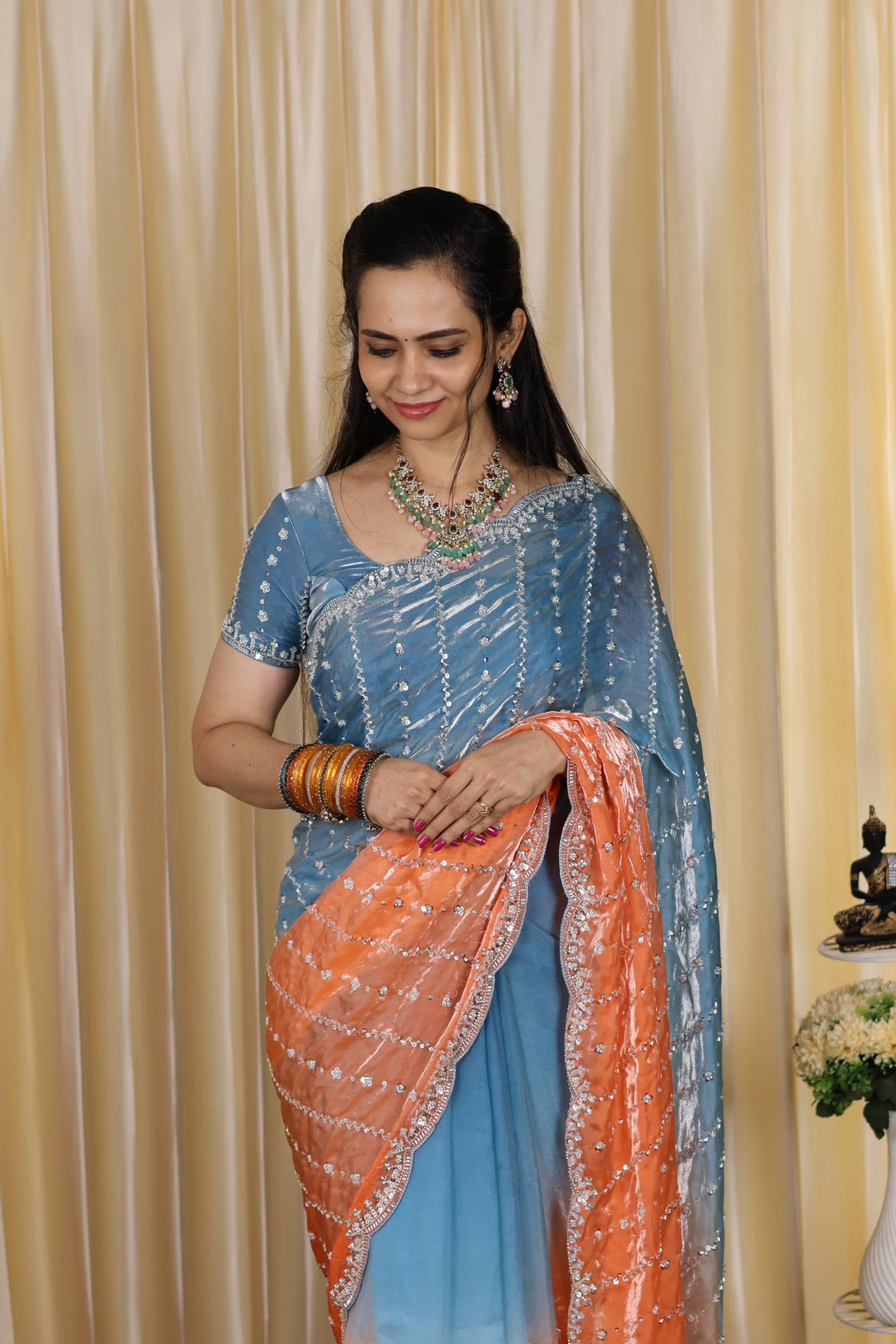 Heavy premium space silk sarees with katdana beads work🥳.