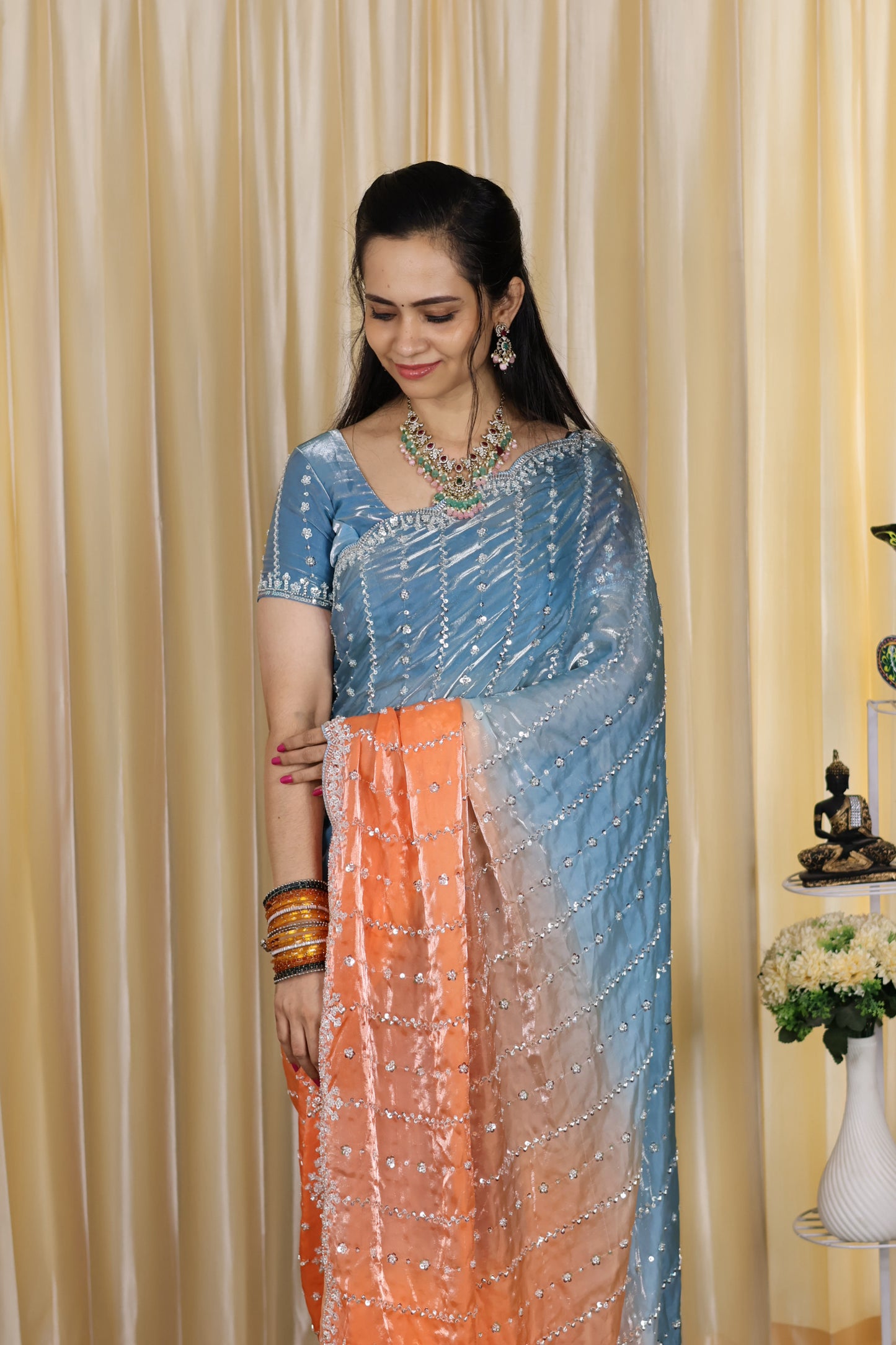 Heavy premium space silk sarees with katdana beads work🥳.
