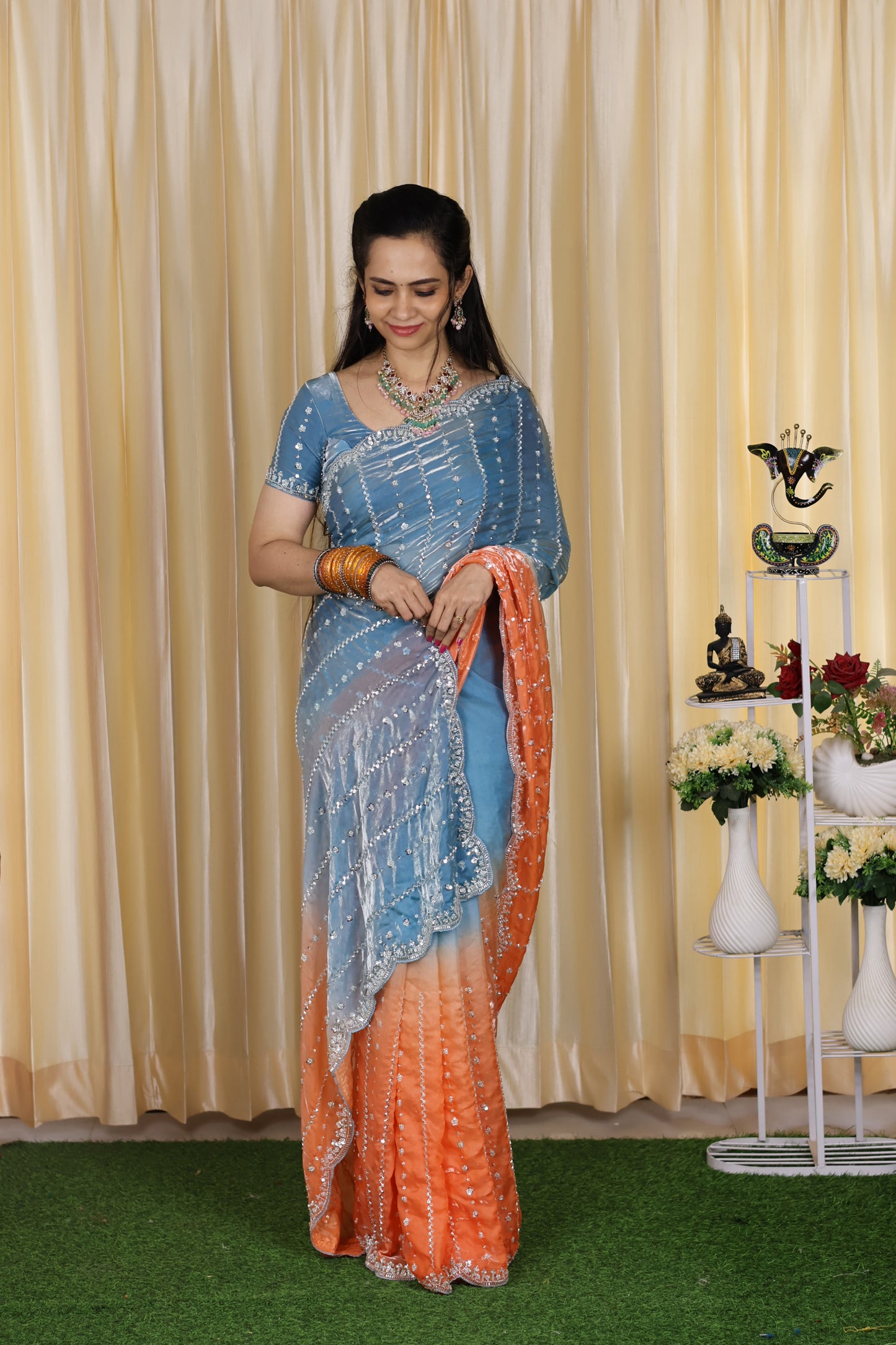 Heavy premium space silk sarees with katdana beads work🥳.