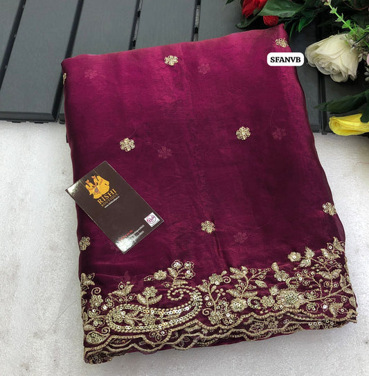 Soft Space silk with mango design embroidery & sequence work with scalloped cutwork border and embroidery work blouse🥳