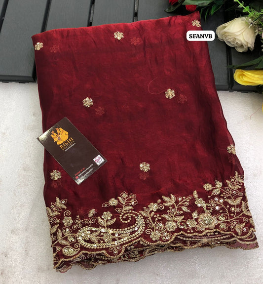 Soft Space silk with mango design embroidery & sequence work with scalloped cutwork border and embroidery work blouse🥳