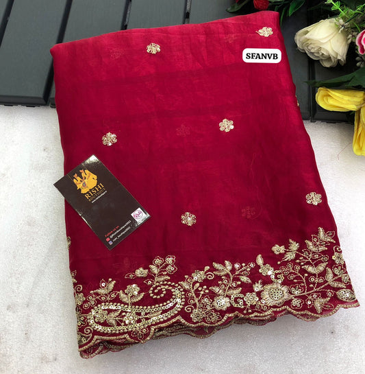 Soft Space silk with mango design embroidery & sequence work with scalloped cutwork border and embroidery work blouse🥳