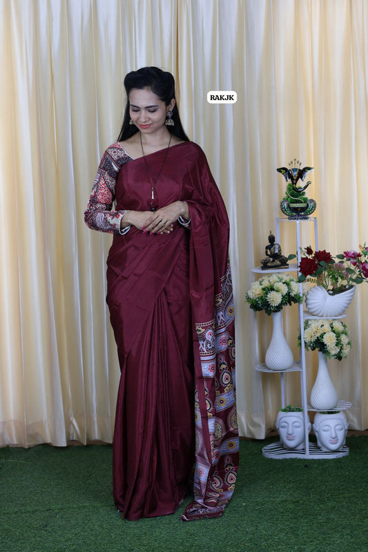 Aadi offer🌹Most trending ajrak print Chinnon .semi silk saree