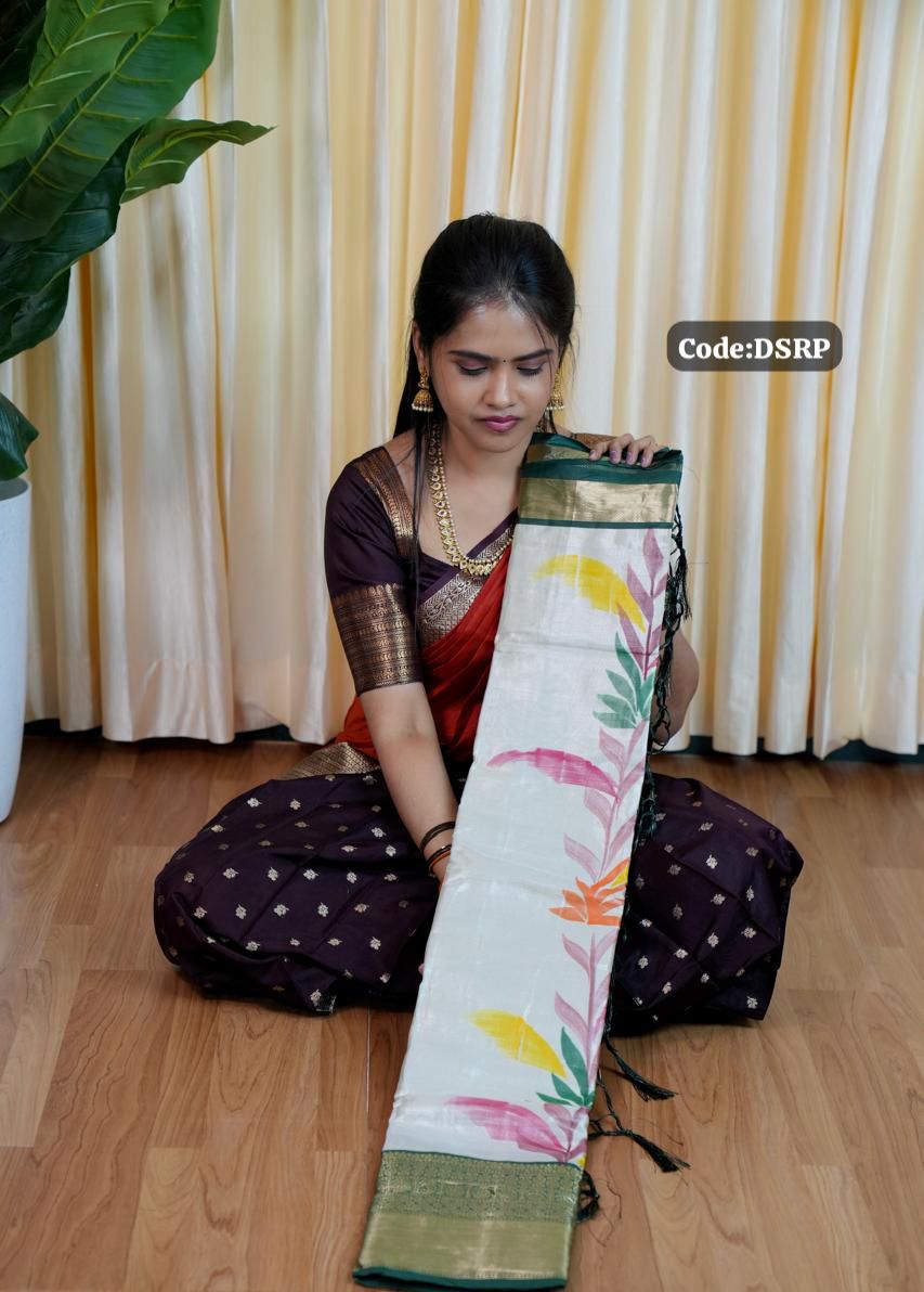 Silver Tissue saree with floral prints