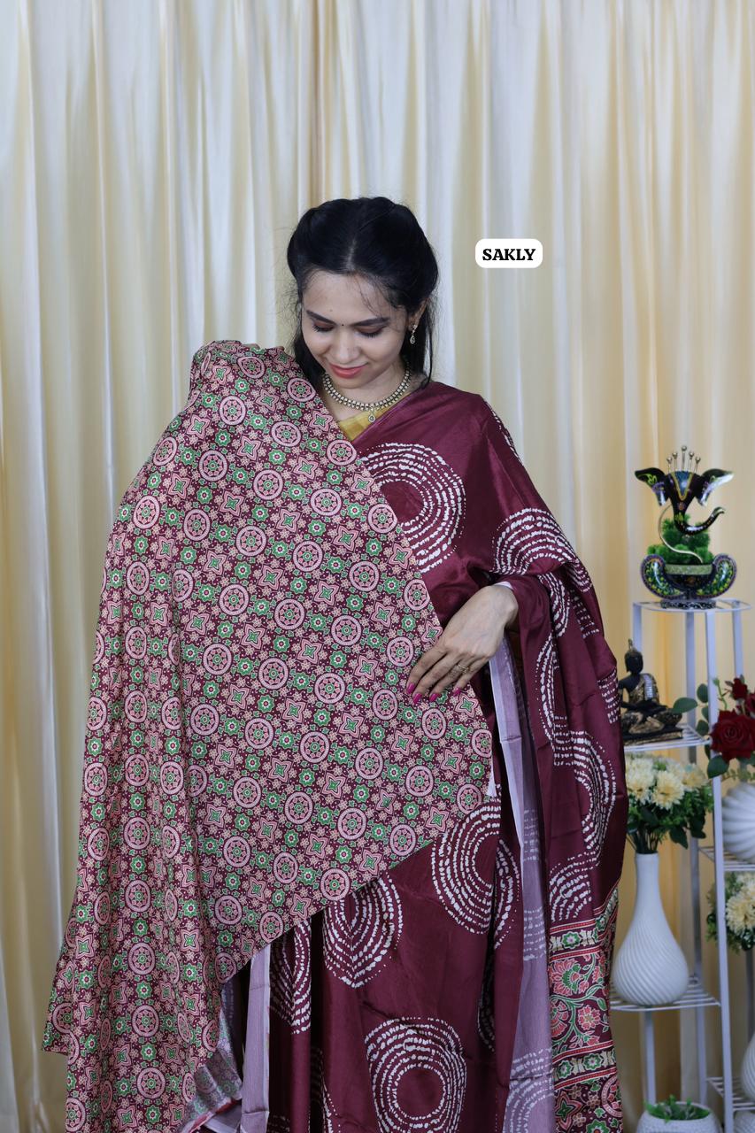 Ajrakh print saree .Satin silk 🥳