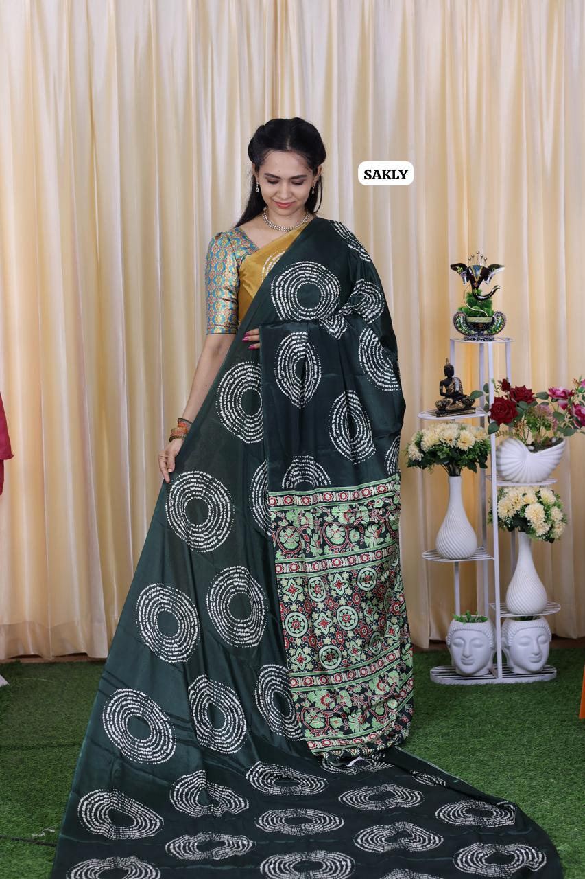 Ajrakh print saree .satin silk 🥳