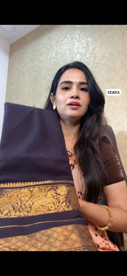 Kanchi cotton saree dark chocolate brown colour (Animal prints)😍😎