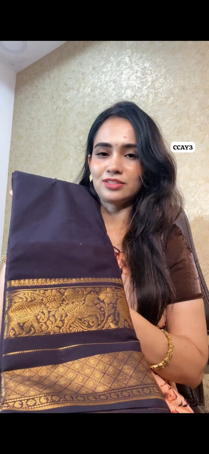 Kanchi cotton saree dark chocolate brown colour (Animal prints)😍😎