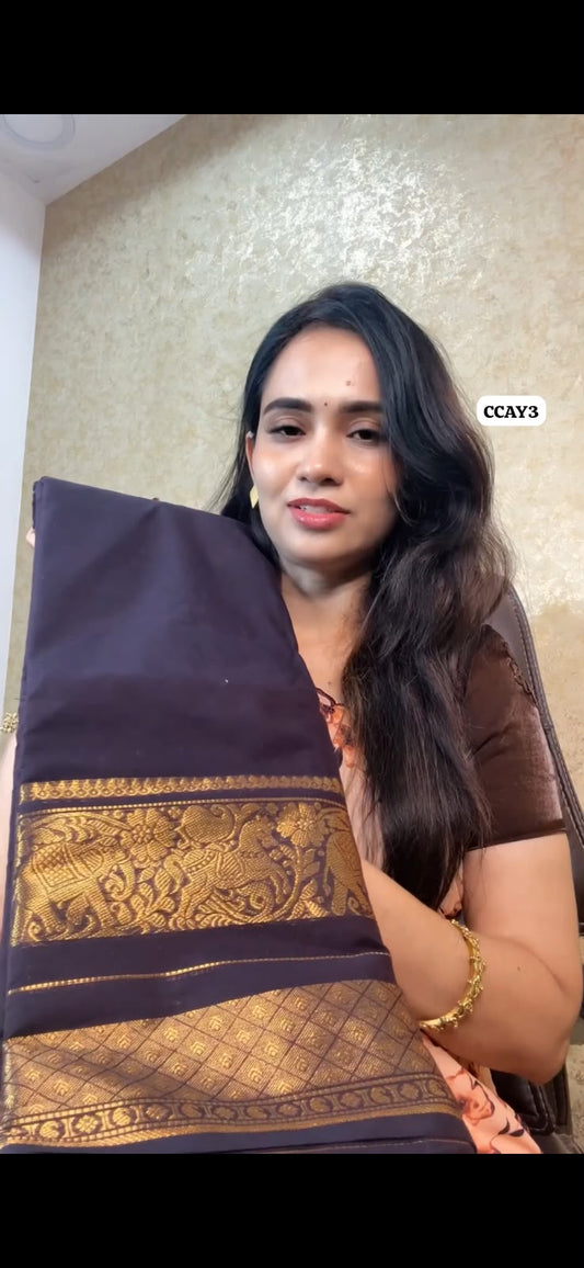 Kanchi cotton saree dark chocolate brown colour (Animal prints)😍😎