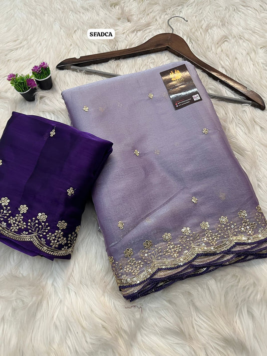 Satin soft jimmy choo saree with cut work embroidery border and contrast blouse🥳