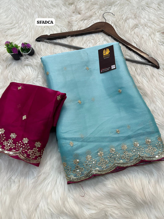Satin soft jimmy choo saree with cut work embroidery border and contrast blouse🥳 prebook