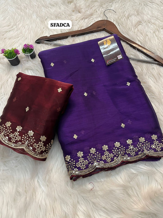 Satin soft jimmy choo saree with cut work embroidery border and contrast blouse🥳