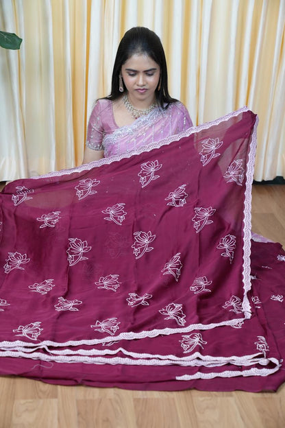 Ramzan offer 💐 Premium silk georgette  and shimmer georgette with floral embroidery designs🥰😎🏃🏻‍♀️