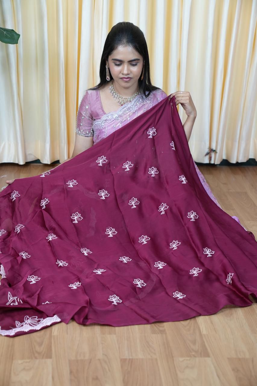 Ramzan offer 💐 Premium silk georgette  and shimmer georgette with floral embroidery designs🥰😎🏃🏻‍♀️