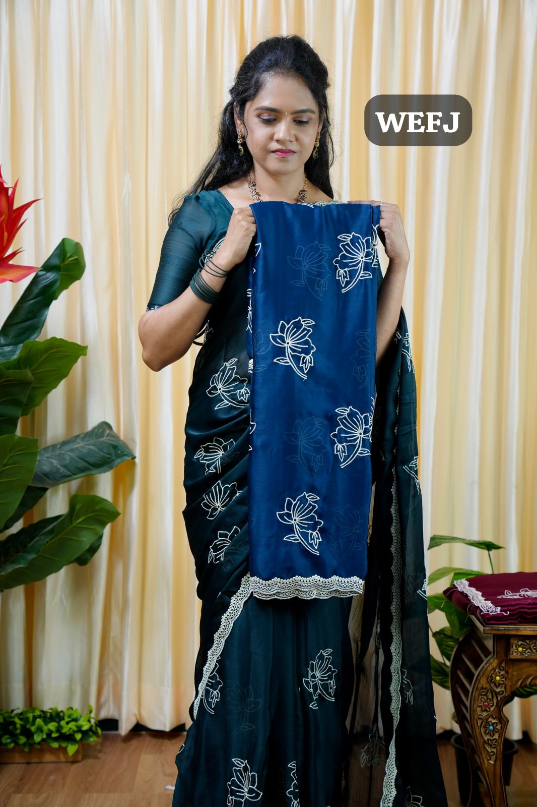 Satin Chiffon White Flower Saree Teal Blue 🥰😎🥳