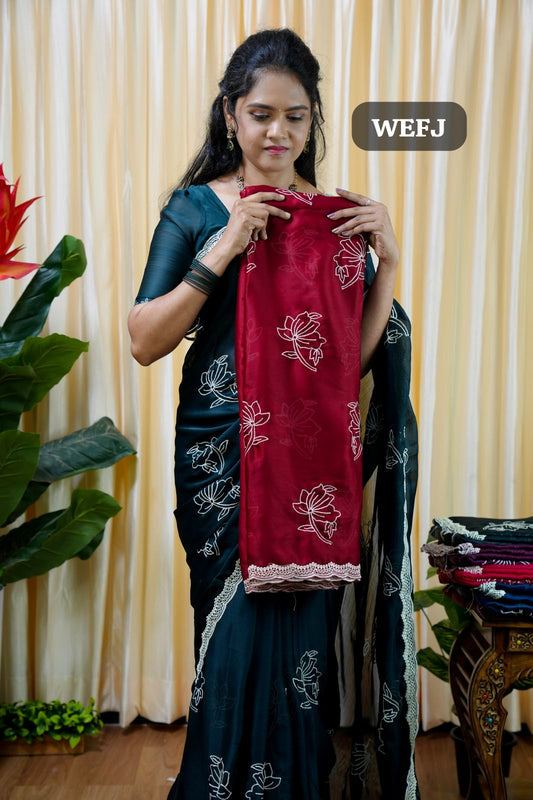 Satin Chiffon White Flower🥰😎Reddish maroon