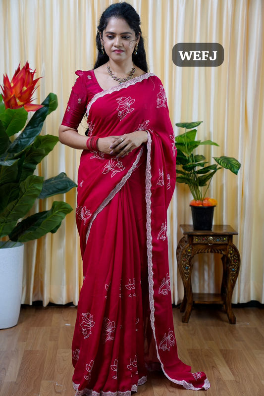 Satin chiffon White Flower Saree🥰😎Rani Pink