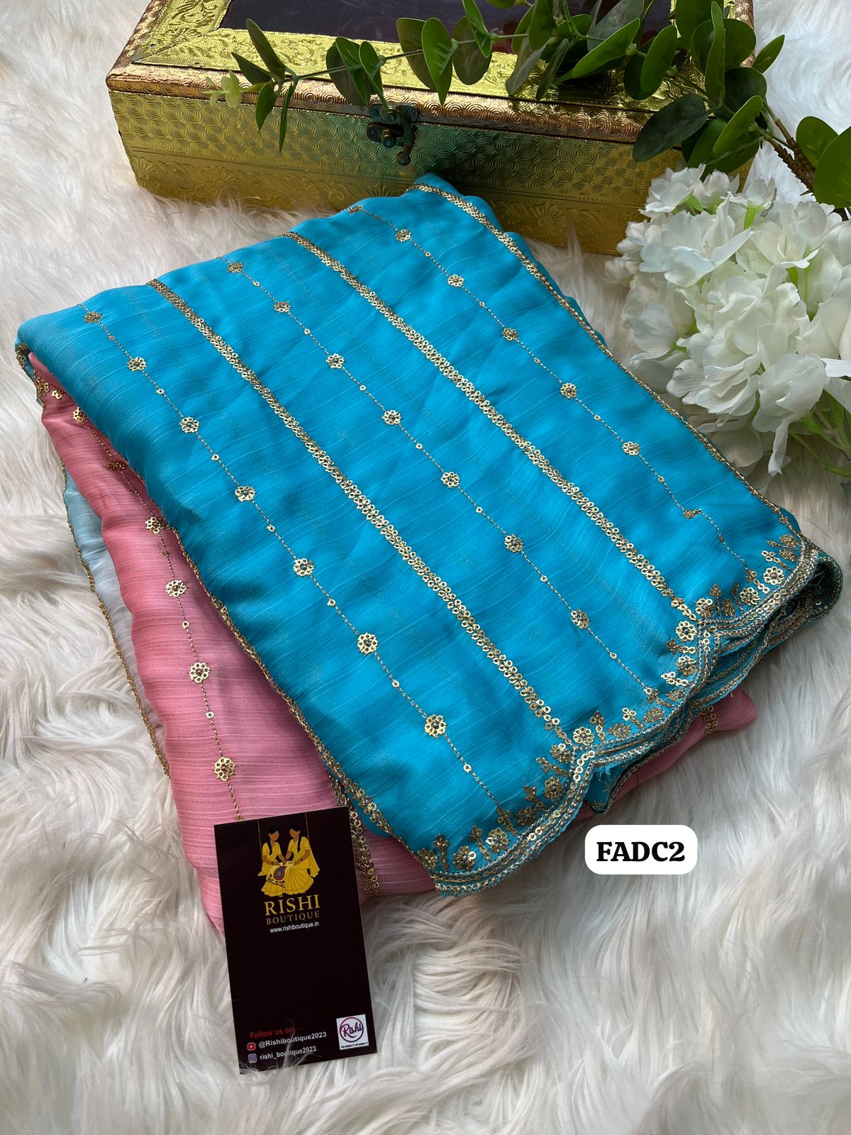 Satin chiffon dual colour shaded saree with embroidery & sequence work with scalloped cutwork embroidered border and running blouse🥳