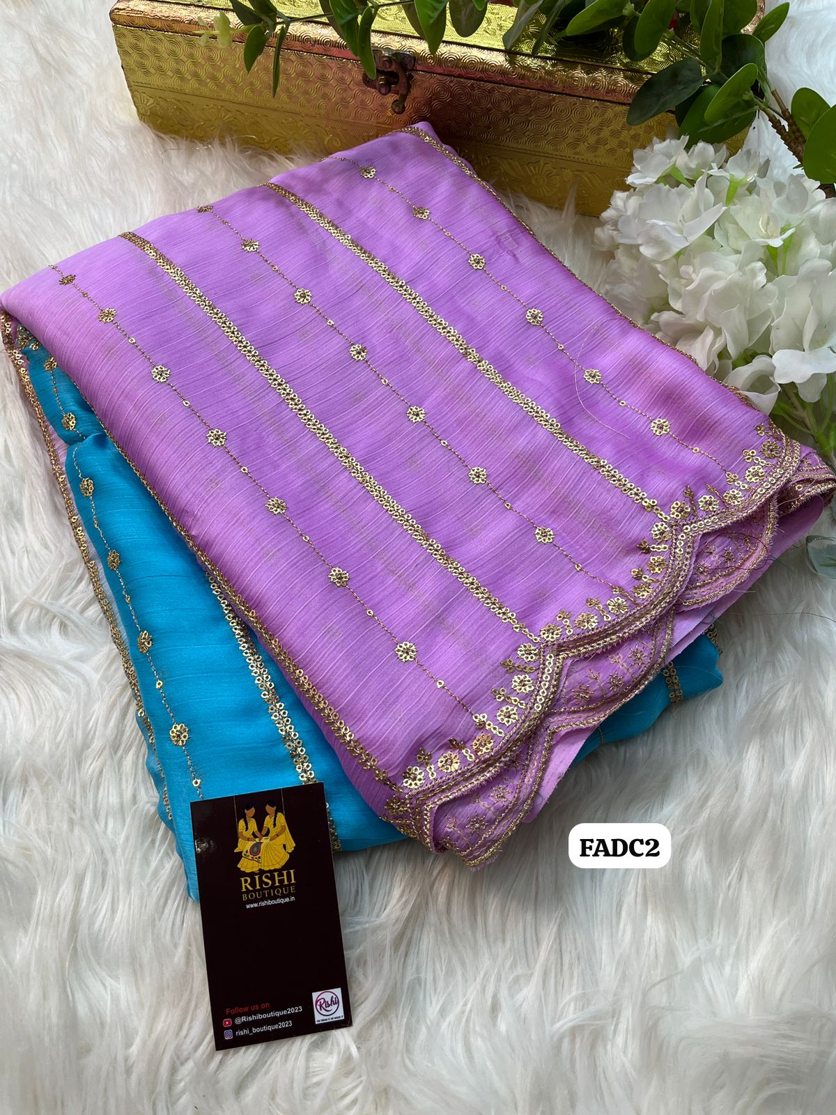 Satin chiffon dual colour shaded saree with embroidery & sequence work with scalloped cutwork embroidered border and running blouse🥳