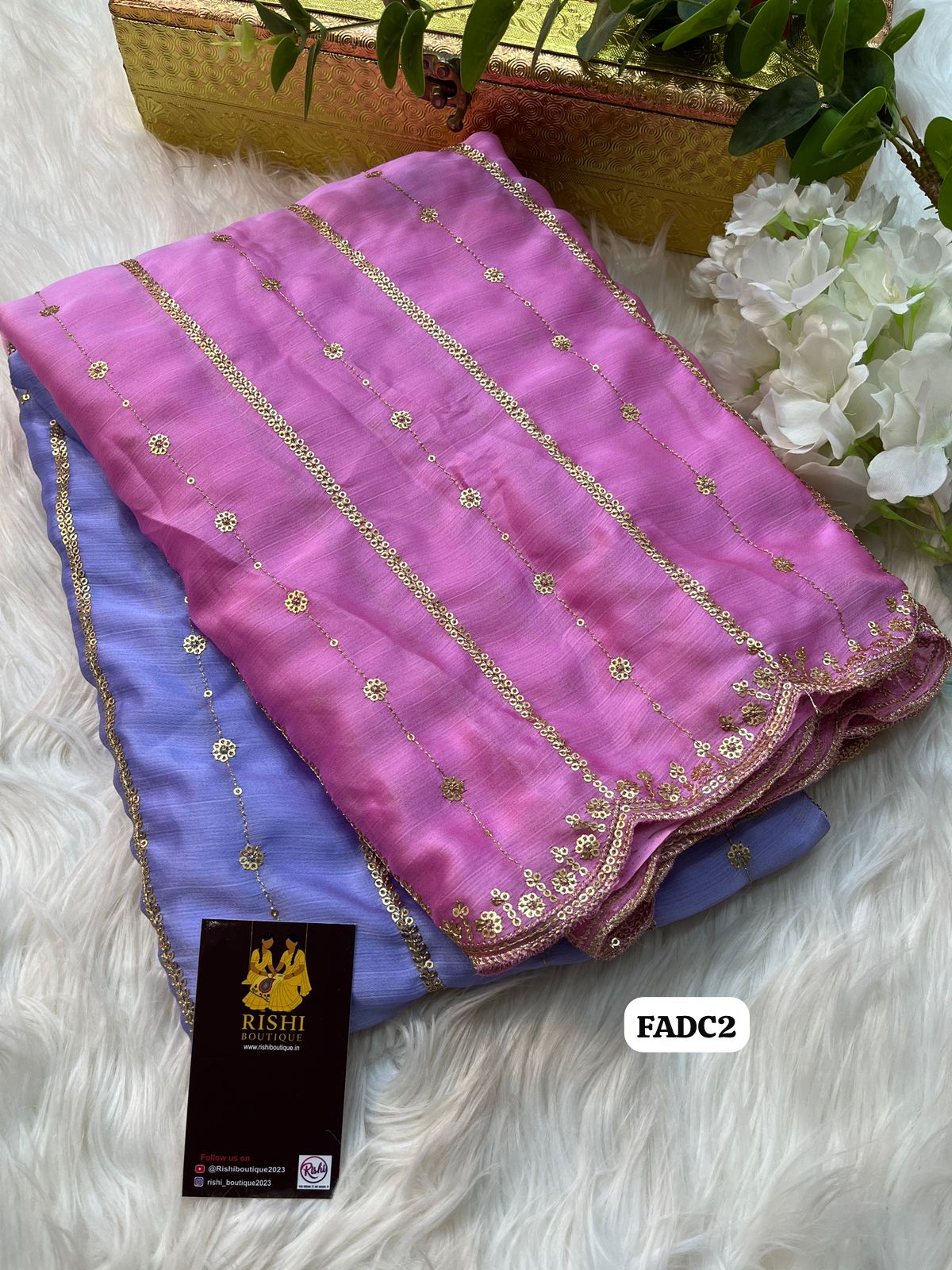 Satin chiffon dual colour shaded saree with embroidery & sequence work with scalloped cutwork embroidered border and running blouse🥳