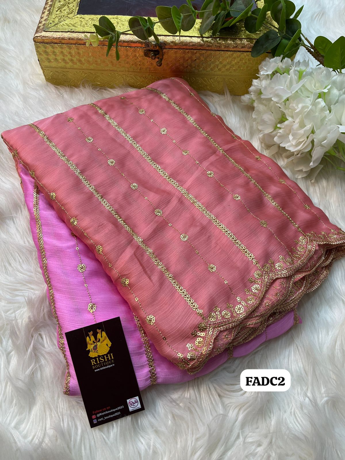 Satin chiffon dual colour shaded saree with embroidery & sequence work with scalloped cutwork embroidered border and running blouse🥳