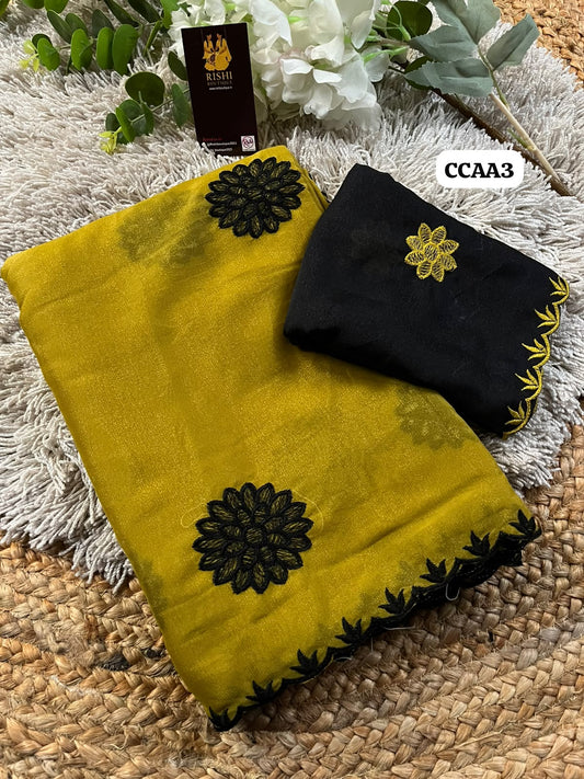 Georgette Embroidery work saree with scalloped cutwork border🥳