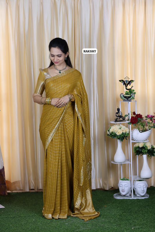Premium Viscose Georgette Saree checks zari With Dola Viscose Blouse 🥳