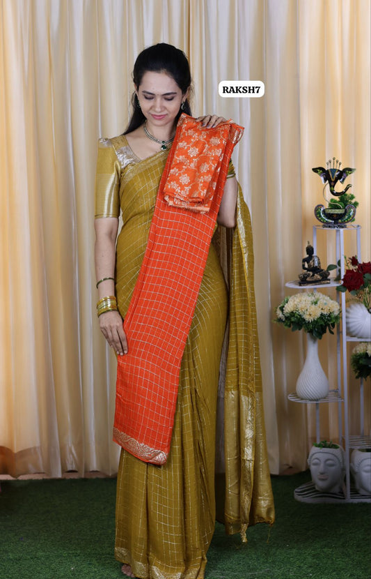 Premium Viscose Georgette Saree checks zari With Dola Viscose Blouse🥳