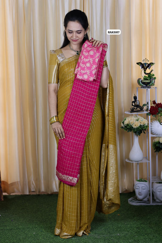 Premium Viscose Georgette Saree checks zari With Dola Viscose Blouse😍🥳