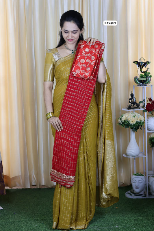 Premium Viscose Georgette Saree checks zari With Dola Viscose Blouse😍🥳