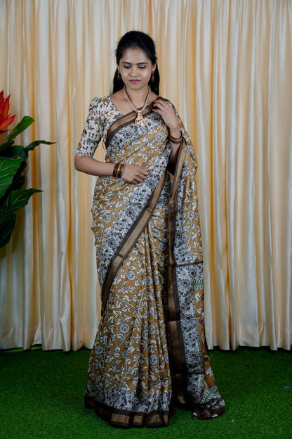 Mul mul cotton saree.contrast kalamkari ❌