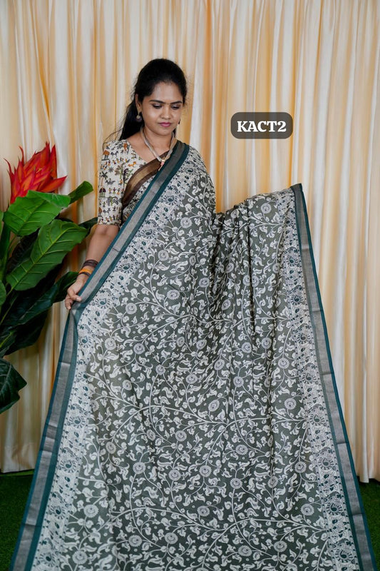 Mul mul cotton saree. contrast kalamkari 🍄✅🥳