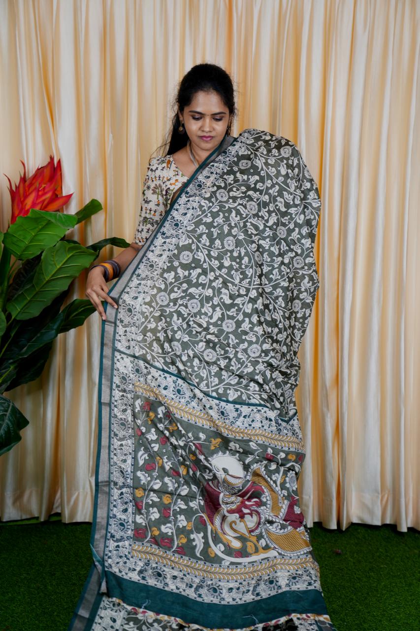 Mul mul cotton saree. contrast kalamkari 🍄✅🥳