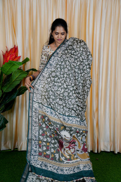 Mul mul cotton saree. contrast kalamkari 🍄✅🥳