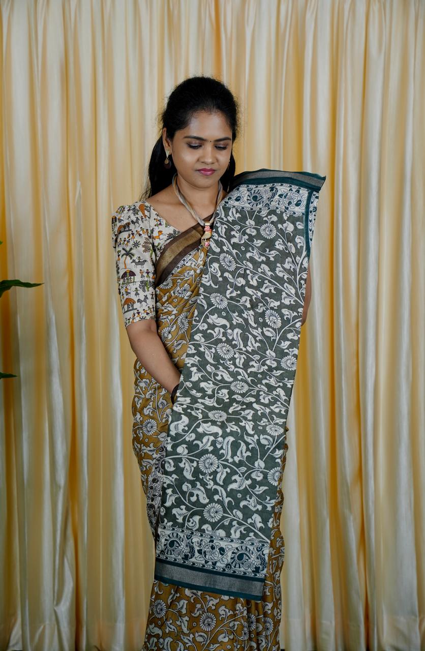 Mul mul cotton saree. contrast kalamkari 🍄✅🥳