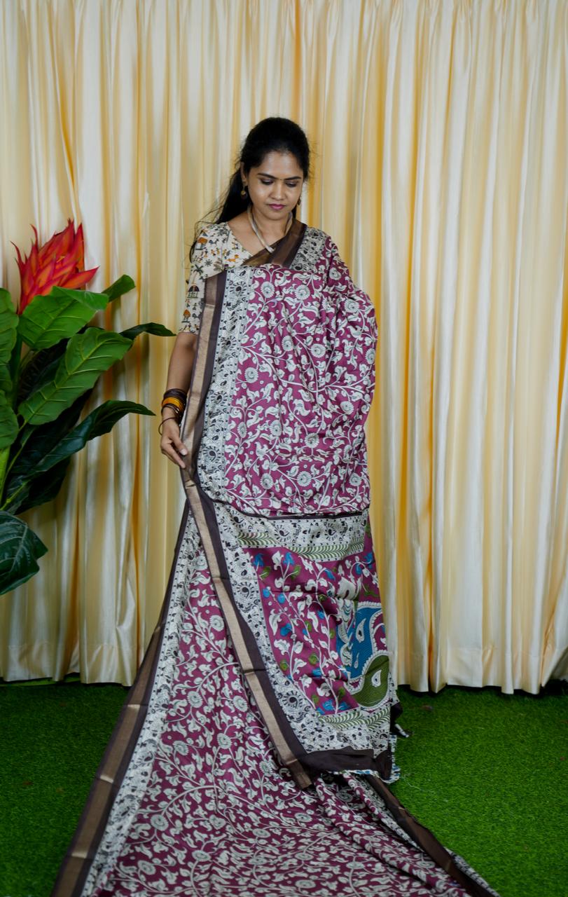 Mul mul cotton saree. contrast kalamkari 🍄✅🥳
