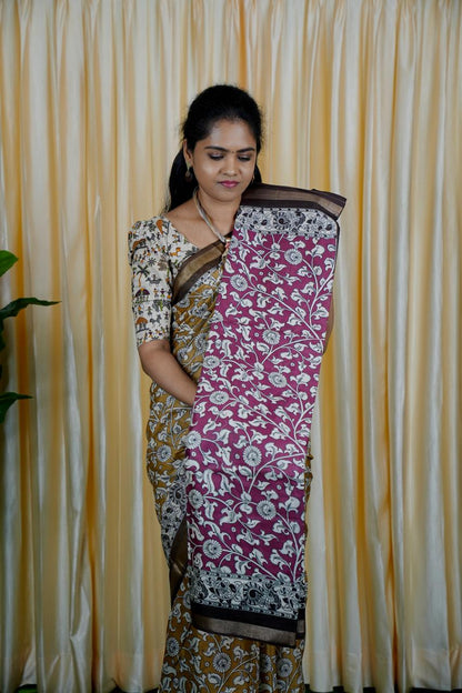 Mul mul cotton saree. contrast kalamkari 🍄✅🥳